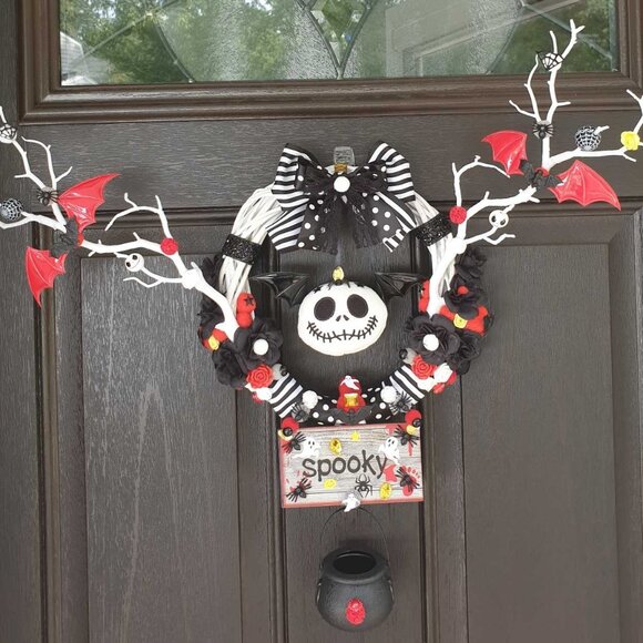 Halloween Wreath Hanger Wall Spooky Bat Decor Jack Skellington Door Hanger Sign - Picture 1 of 10